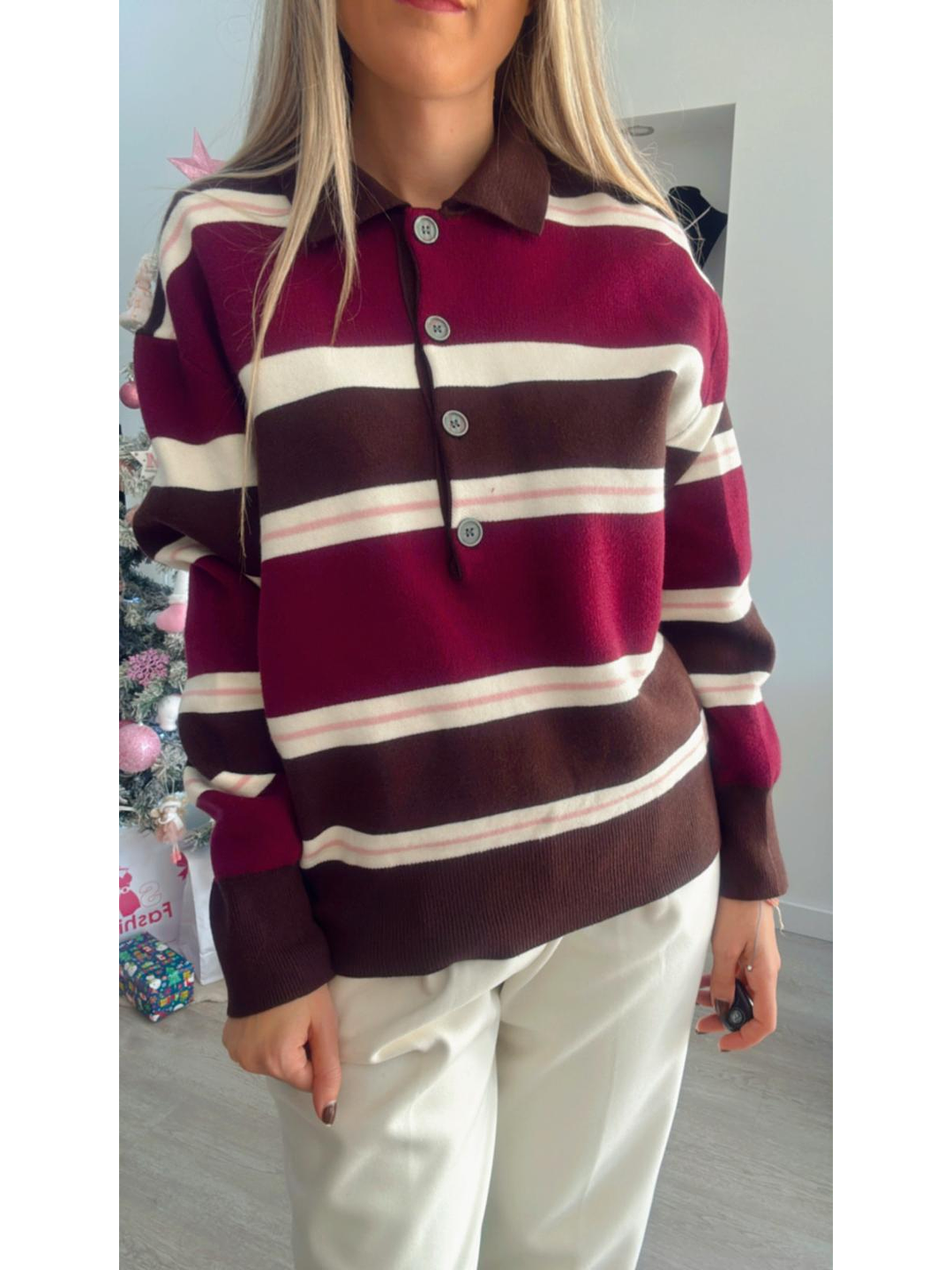 Polo em Malha com Riscas em Tons de Castanho e Bordeaux - TU 3