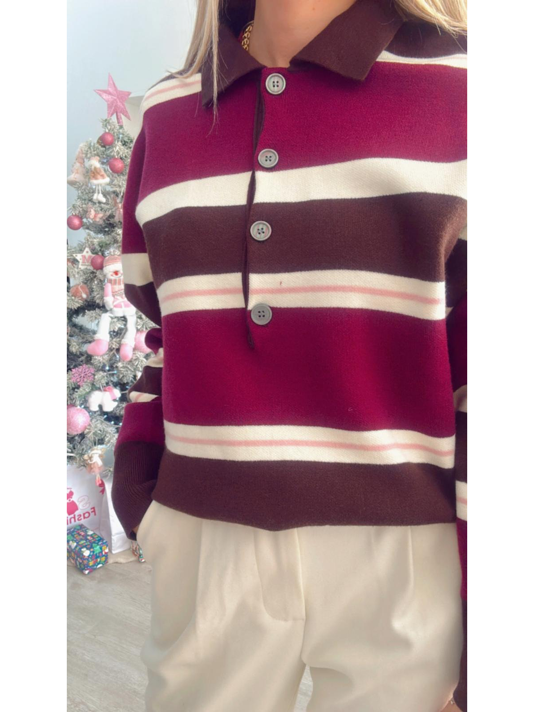 Polo em Malha com Riscas em Tons de Castanho e Bordeaux - TU 6