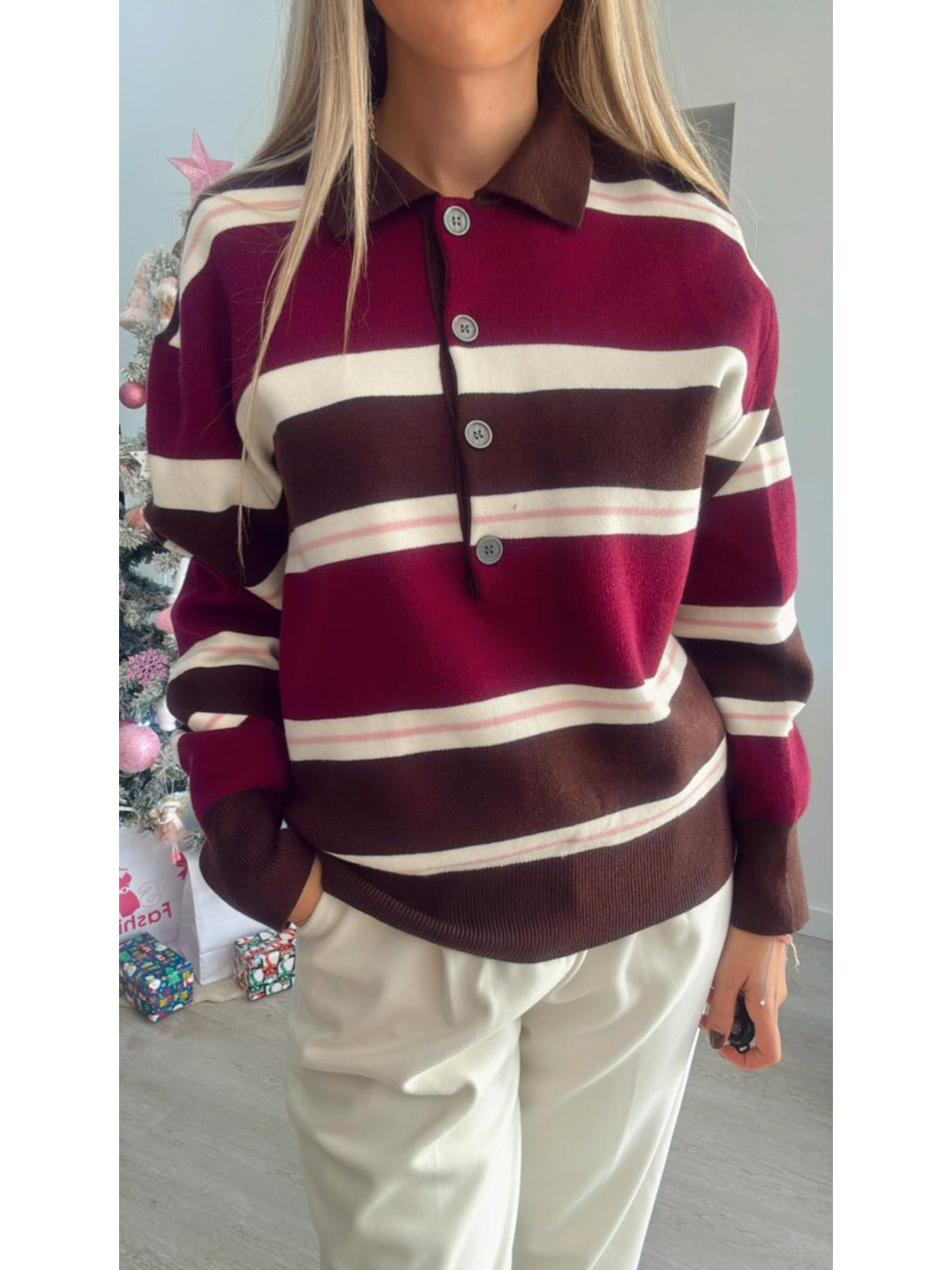 Polo em Malha com Riscas em Tons de Castanho e Bordeaux - TU 7