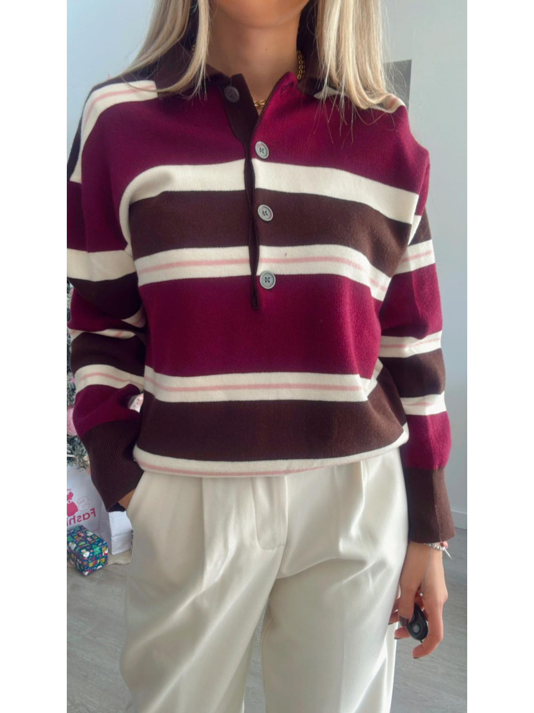 Polo em Malha com Riscas em Tons de Castanho e Bordeaux - TU 2
