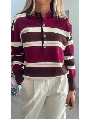 Polo em Malha com Riscas em Tons de Castanho e Bordeaux - TU