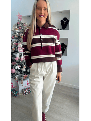 Polo em Malha com Riscas em Tons de Castanho e Bordeaux - TU