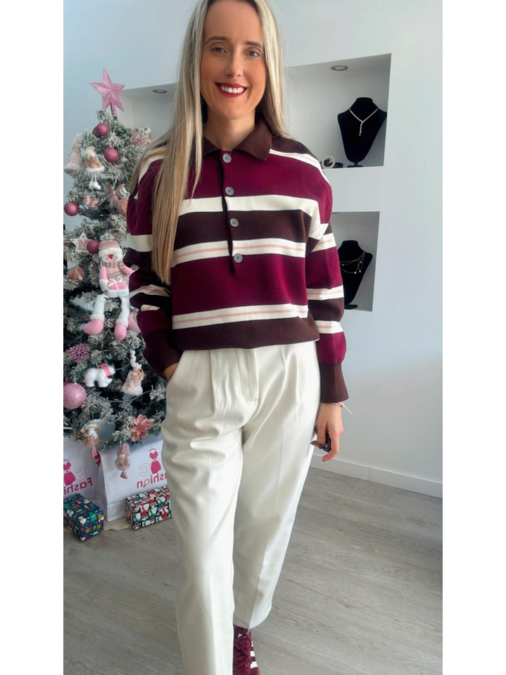 Polo em Malha com Riscas em Tons de Castanho e Bordeaux - TU 1