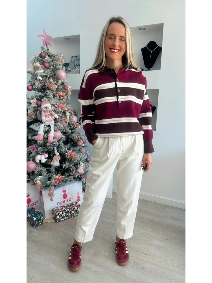 Polo em Malha com Riscas em Tons de Castanho e Bordeaux - TU 4