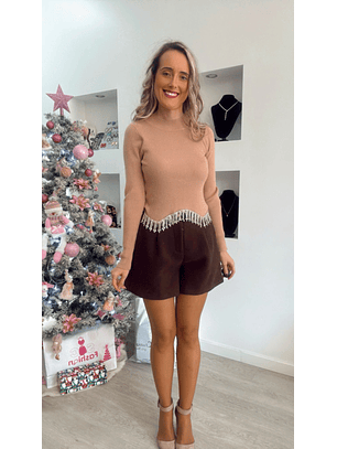 Calção Castanho em Fazenda com Bolsos