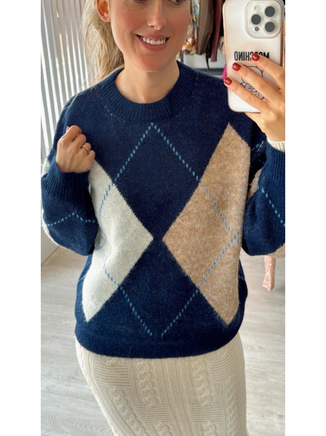 Camisola de Malha com Losangos em Tons de Azul e Bege - TU 4