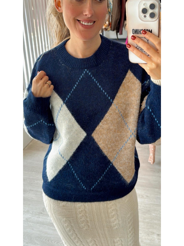 Camisola de Malha com Losangos em Tons de Azul e Bege - TU 4