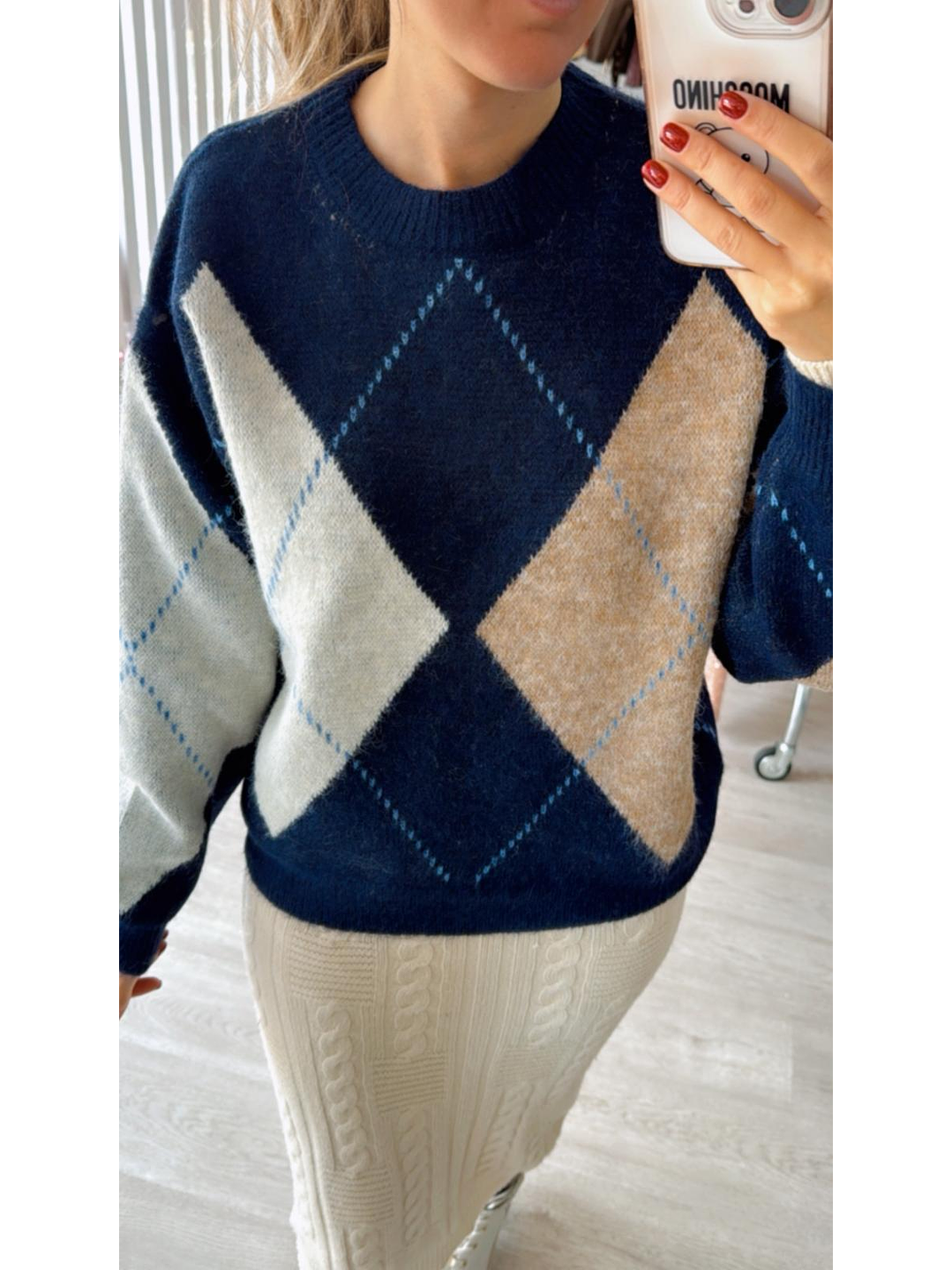 Camisola de Malha com Losangos em Tons de Azul e Bege - TU 3