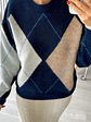 Camisola de Malha com Losangos em Tons de Azul e Bege - TU - Thumbnail 3
