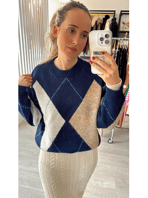 Camisola de Malha com Losangos em Tons de Azul e Bege - TU