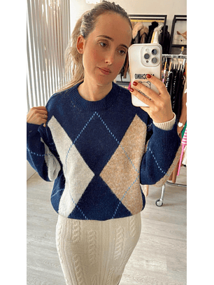 Camisola de Malha com Losangos em Tons de Azul e Bege - TU