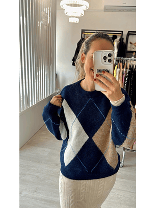 Camisola de Malha com Losangos em Tons de Azul e Bege - TU
