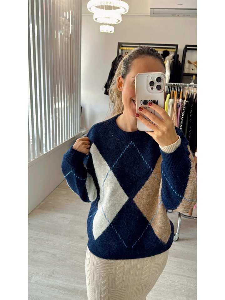 Camisola de Malha com Losangos em Tons de Azul e Bege - TU 1