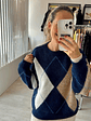 Camisola de Malha com Losangos em Tons de Azul e Bege - TU - Thumbnail 1