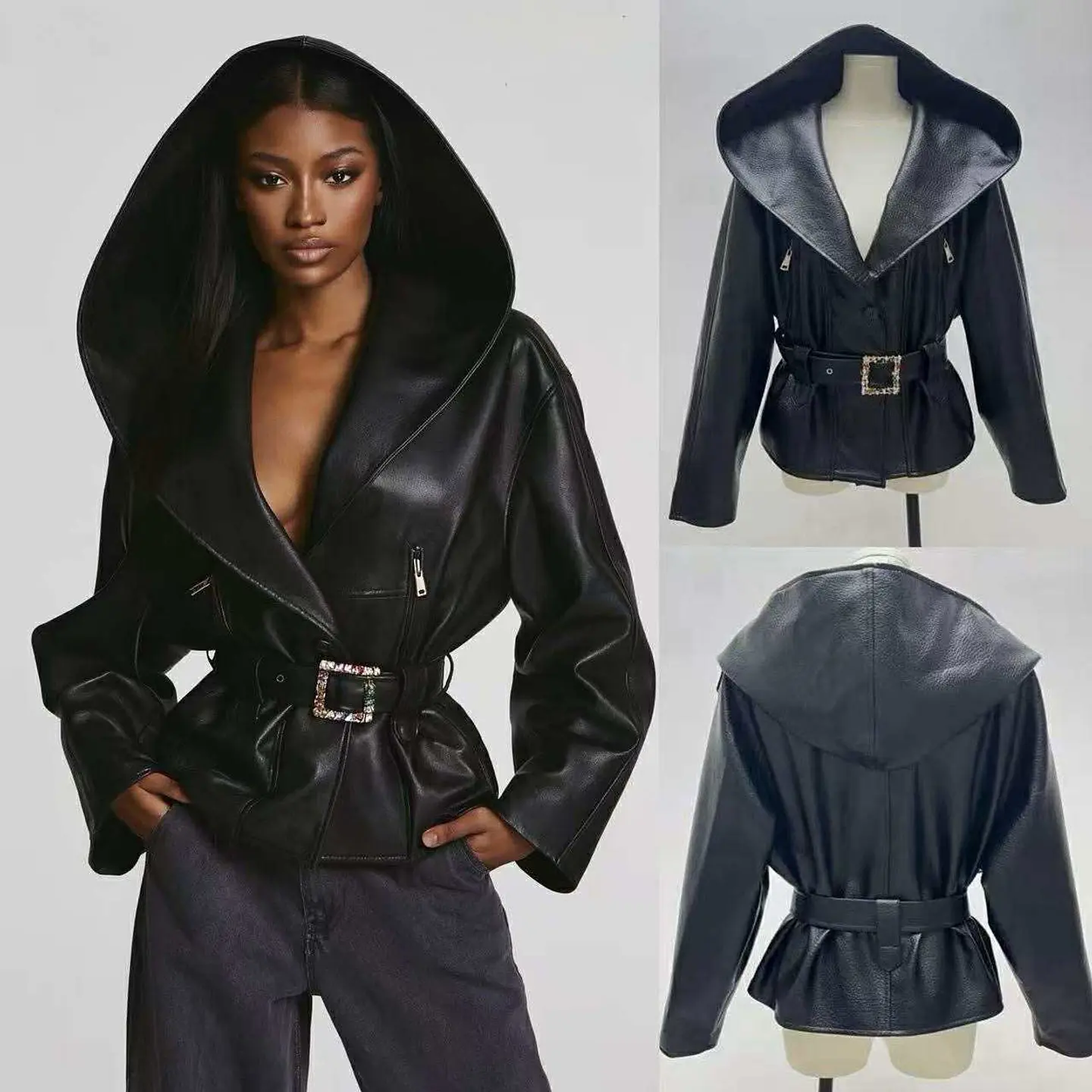 Casaca em Ecopele com Capuz e Cinto com Brilhantes - TU 4