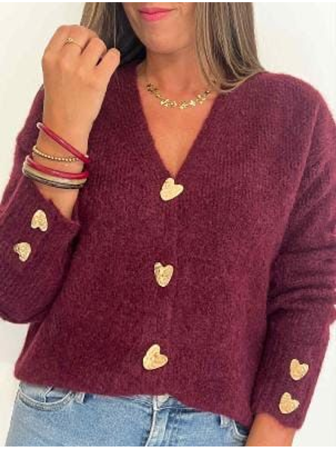 Casaco de Malha com Botões em Forma de Corações Dourados - TU 1