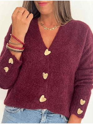 Casaco de Malha com Botões em Forma de Corações Dourados - TU