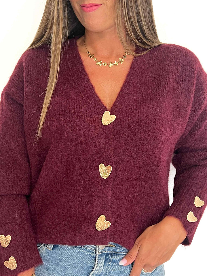 Casaco de Malha com Botões em Forma de Corações Dourados - TU 4