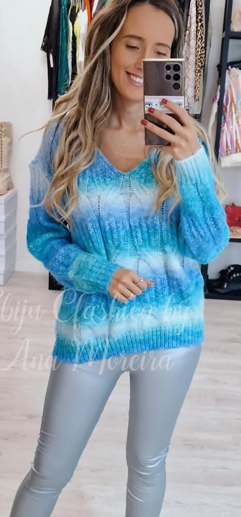 Camisola de Malha em Tons de Azul - TU
