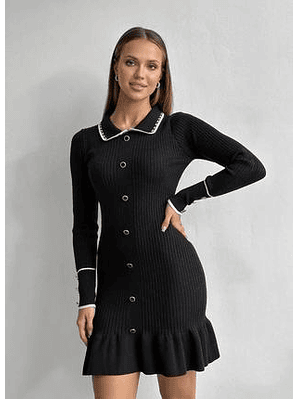 Vestido de Malha com Folho e Gola