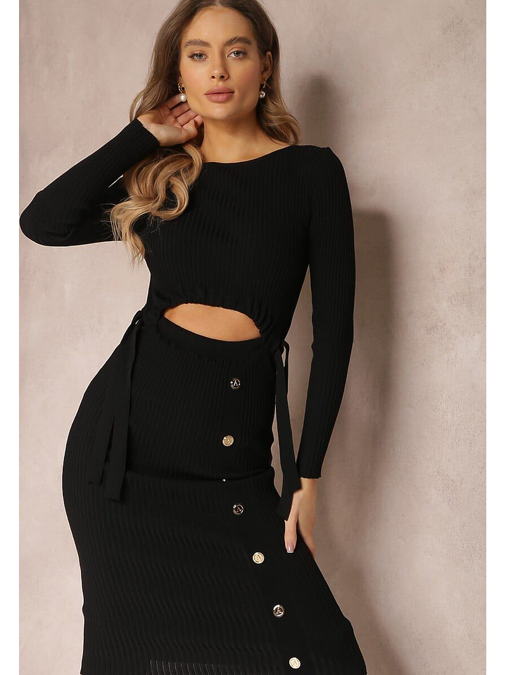 Vestido com Abertura na Barriga e Botões Dourados - TU 1