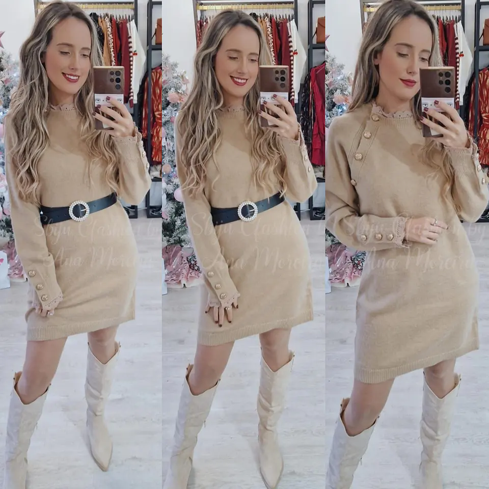 Vestido de Malha Quente com Detalhe de Botões Dourados - TU 6