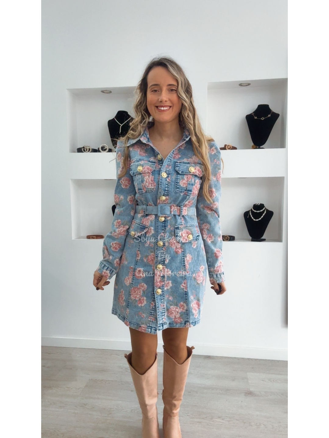 Vestido de Ganga com Flores Rosa 3