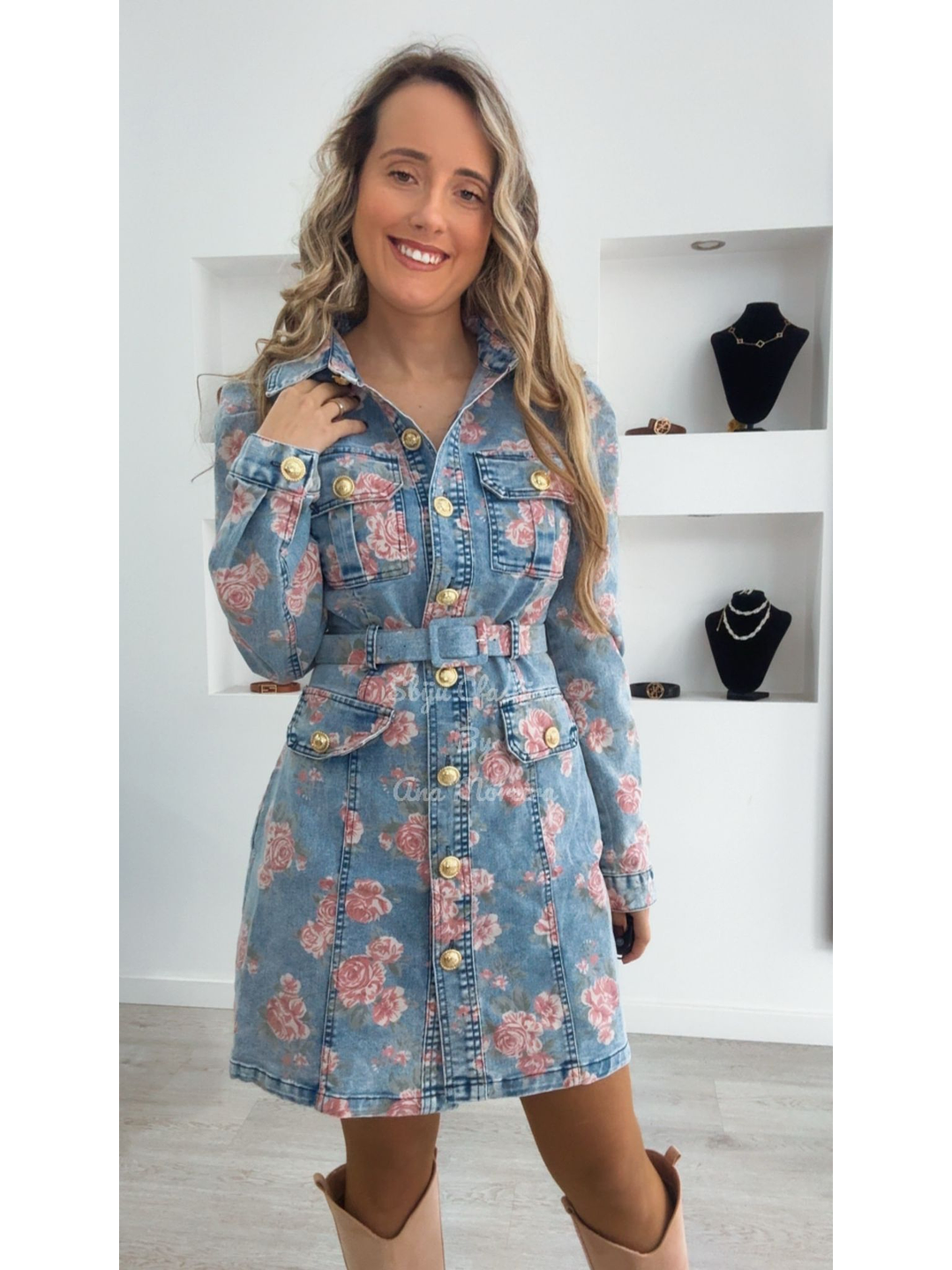 Vestido de Ganga com Flores Rosa 1