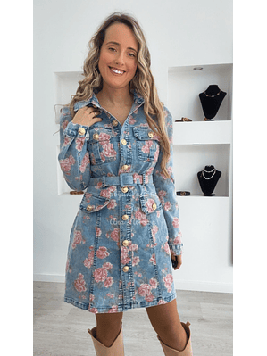 Vestido de Ganga com Flores Rosa