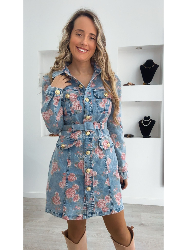 Vestido de Ganga com Flores Rosa 1