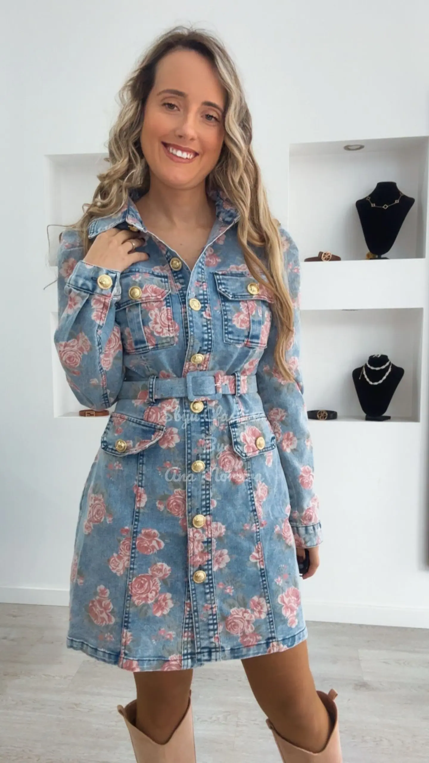 Vestido de Ganga com Flores Rosa 1