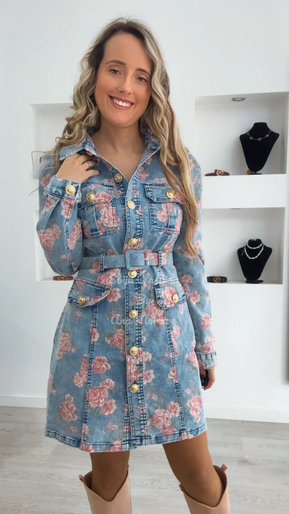 Vestido de Ganga com Flores Rosa 1