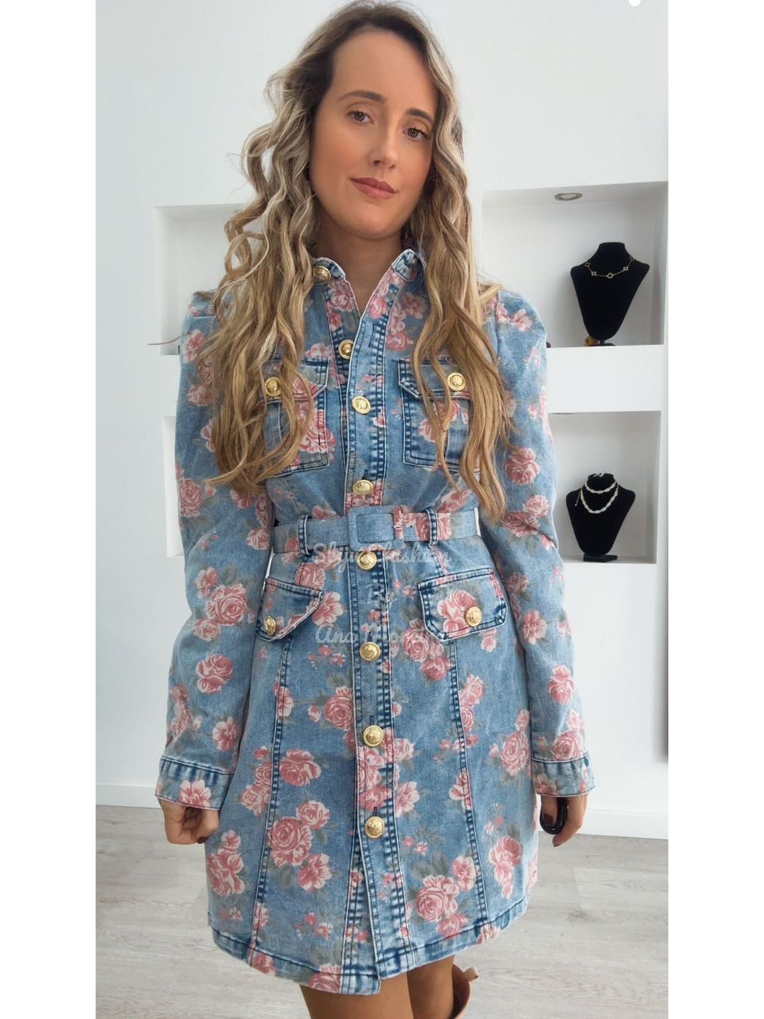 Vestido de Ganga com Flores Rosa 6