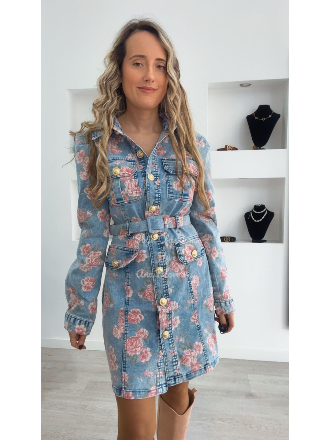 Vestido de Ganga com Flores Rosa 7