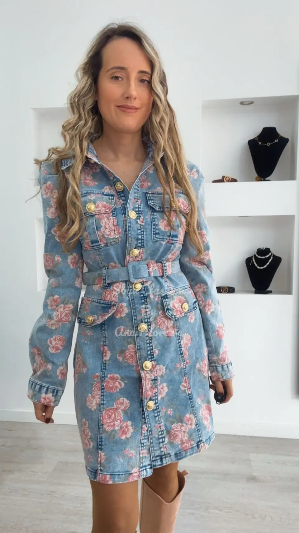 Vestido de Ganga com Flores Rosa 7