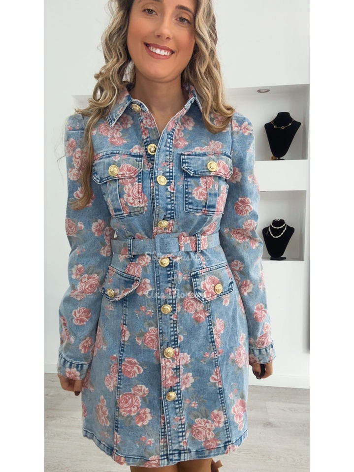 Vestido de Ganga com Flores Rosa 5