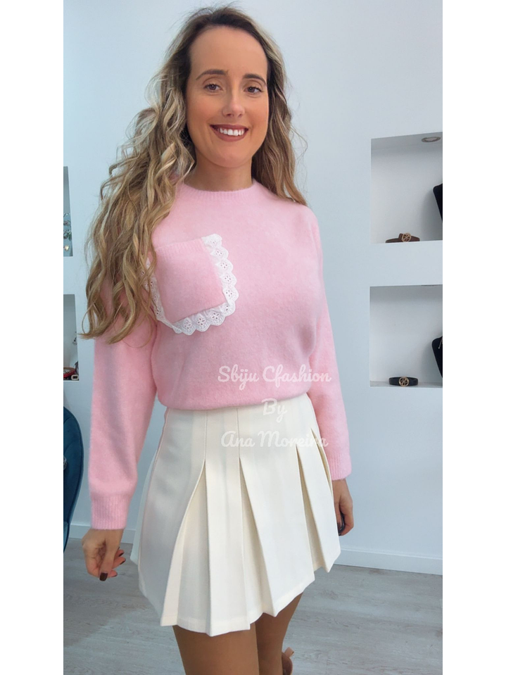 Camisola de Malha com Detalhe de Botões e Bolso com Renda - TU 9