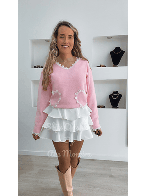 Camisola de Malha com Detalhe de Renda e Corações - TU