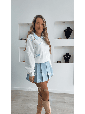 Camisola com Detalhe de Laços e Gola Azul - TU