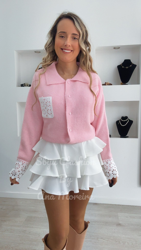 Cardigan com Detalhes em Renda na Manga e no Bolso - TU