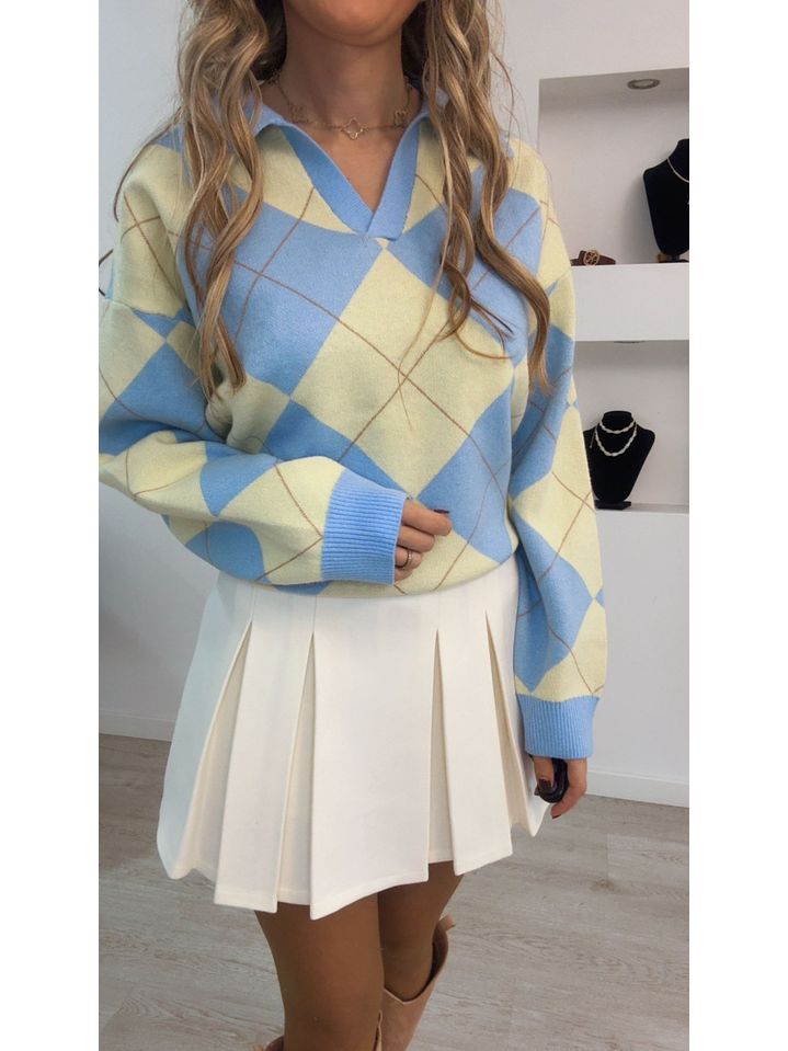 Polo de malha de losangos com gola e decote - TU 5