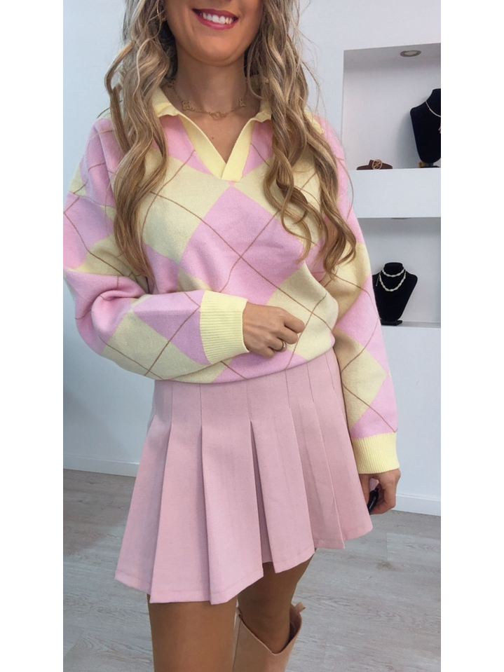 Polo de malha de losangos com gola e decote - TU 8