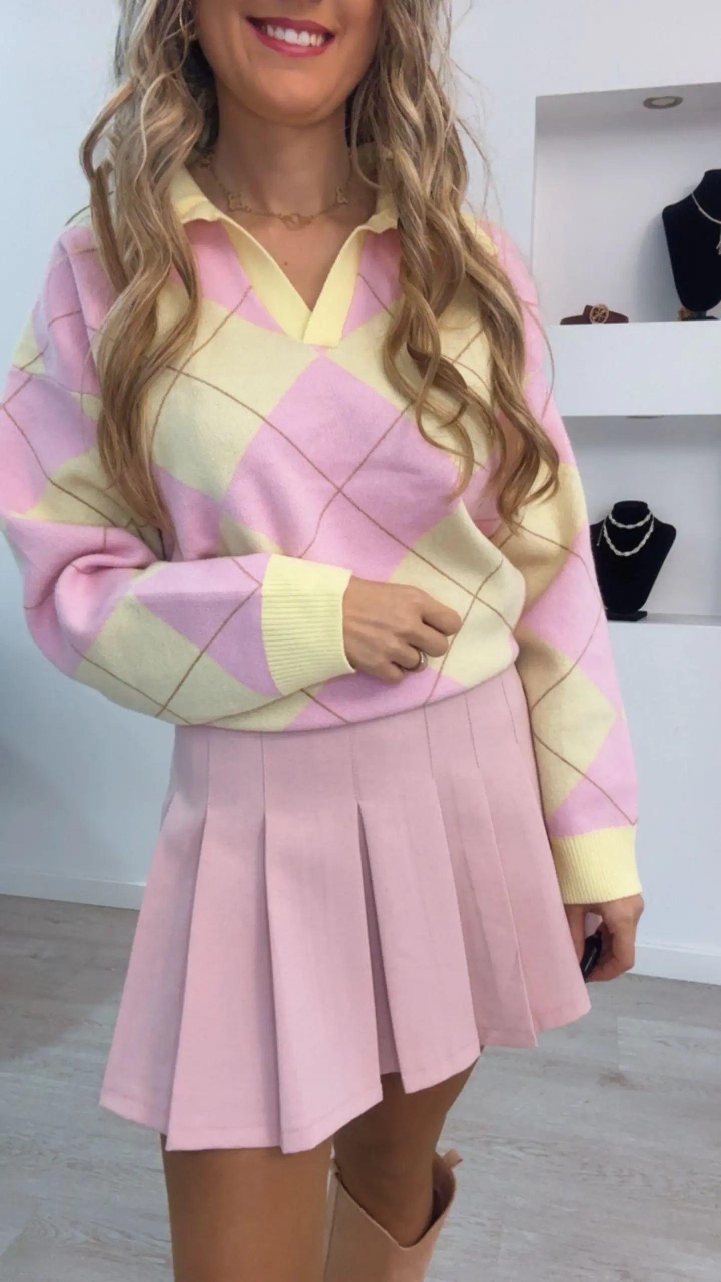 Polo de malha de losangos com gola e decote - TU 8