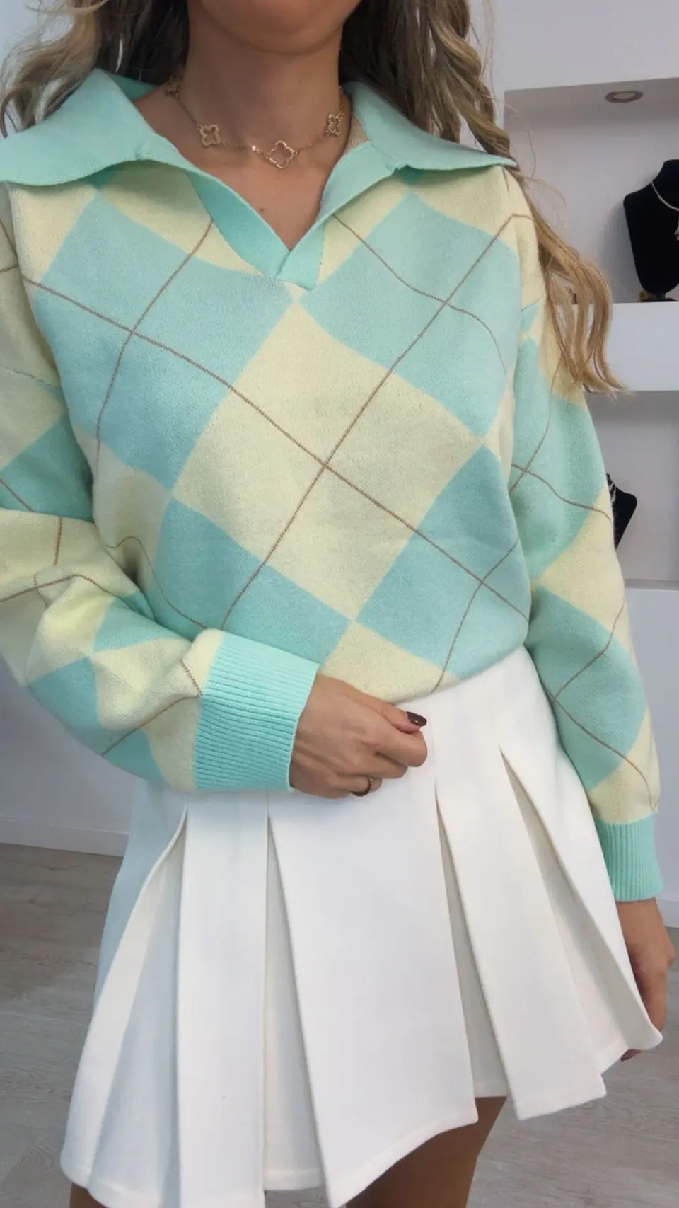 Polo de malha de losangos com gola e decote - TU 12