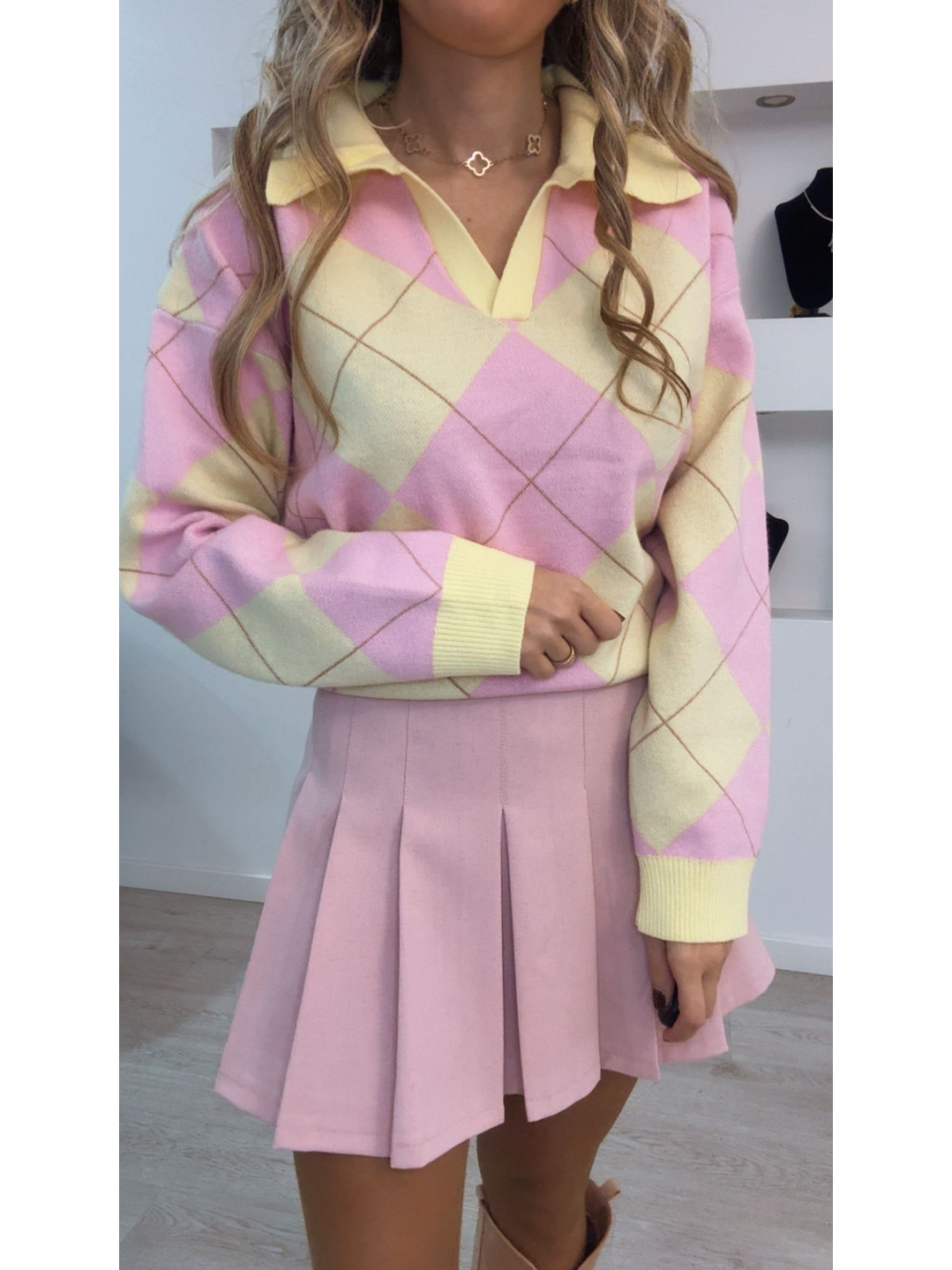 Polo de malha de losangos com gola e decote - TU 7