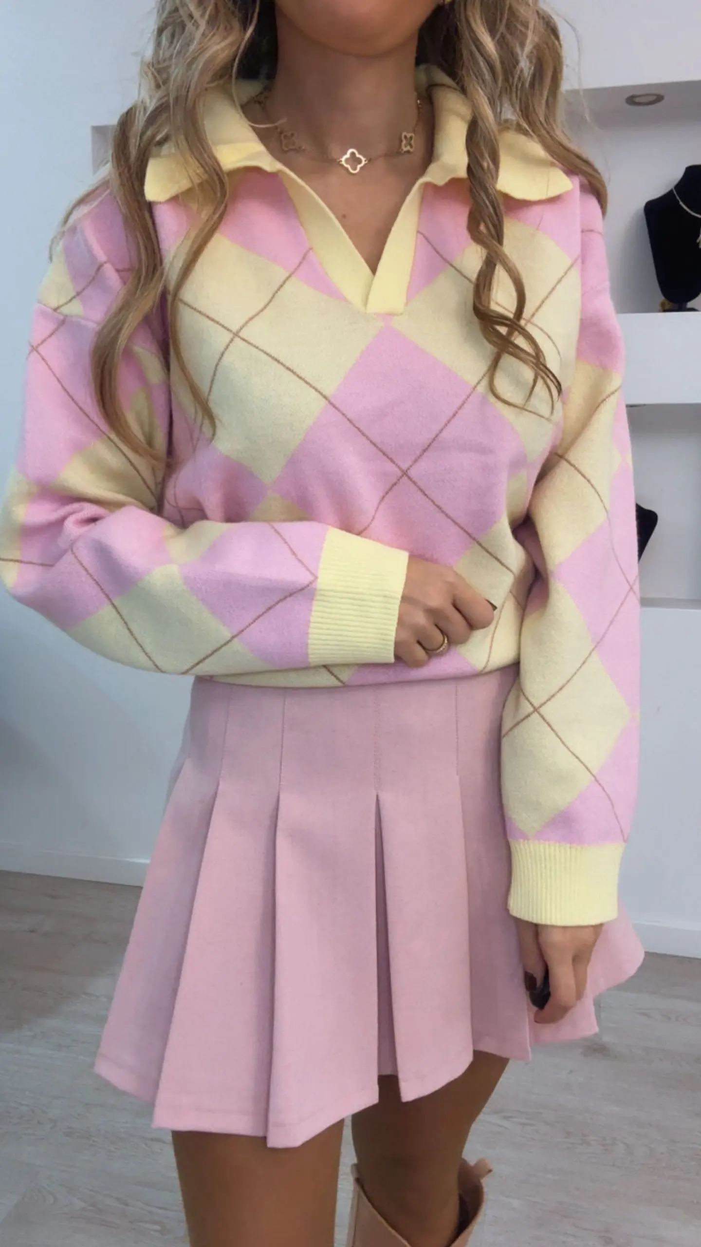 Polo de malha de losangos com gola e decote - TU 7