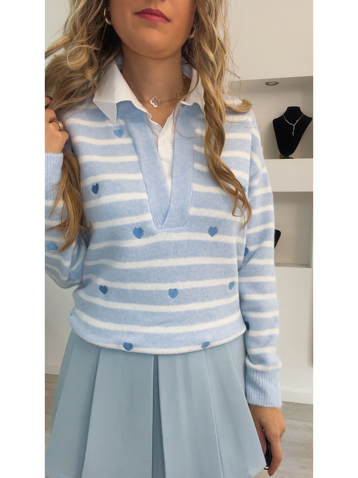 Camisola de malha de riscas e corações com camisa incluída - TU 3