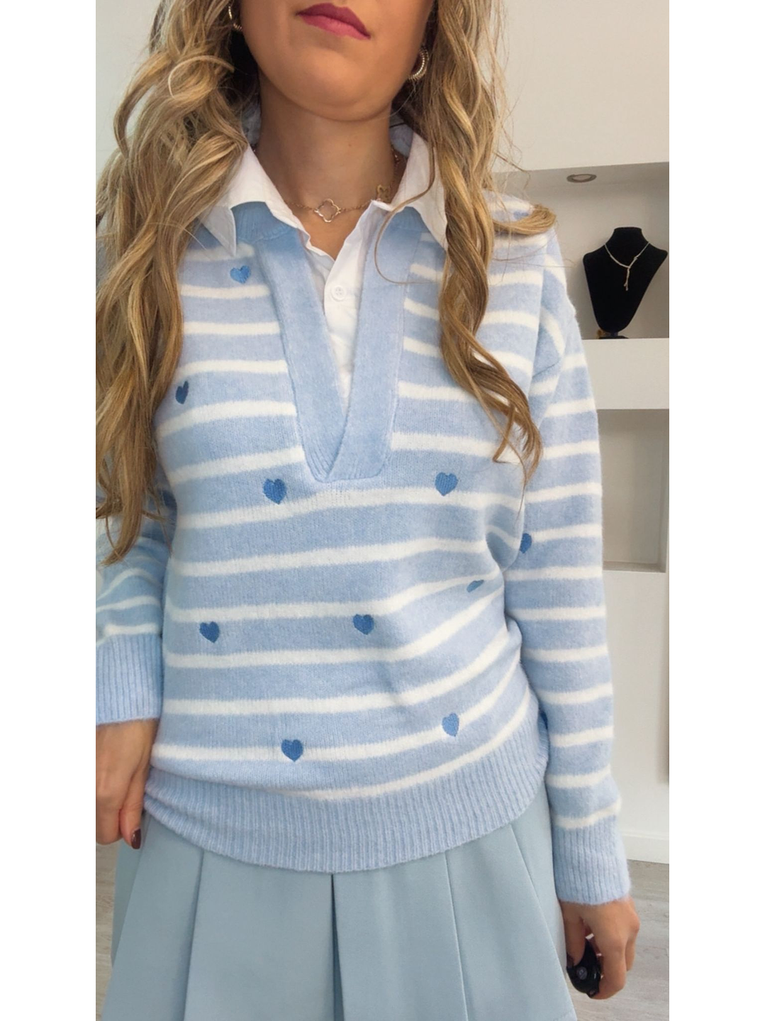 Camisola de malha de riscas e corações com camisa incluída - TU 4