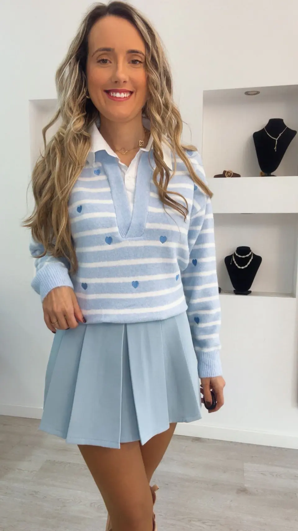 Camisola de malha de riscas e corações com camisa incluída - TU 6