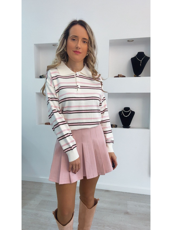 Polo de malha com riscas rosa - TU 2